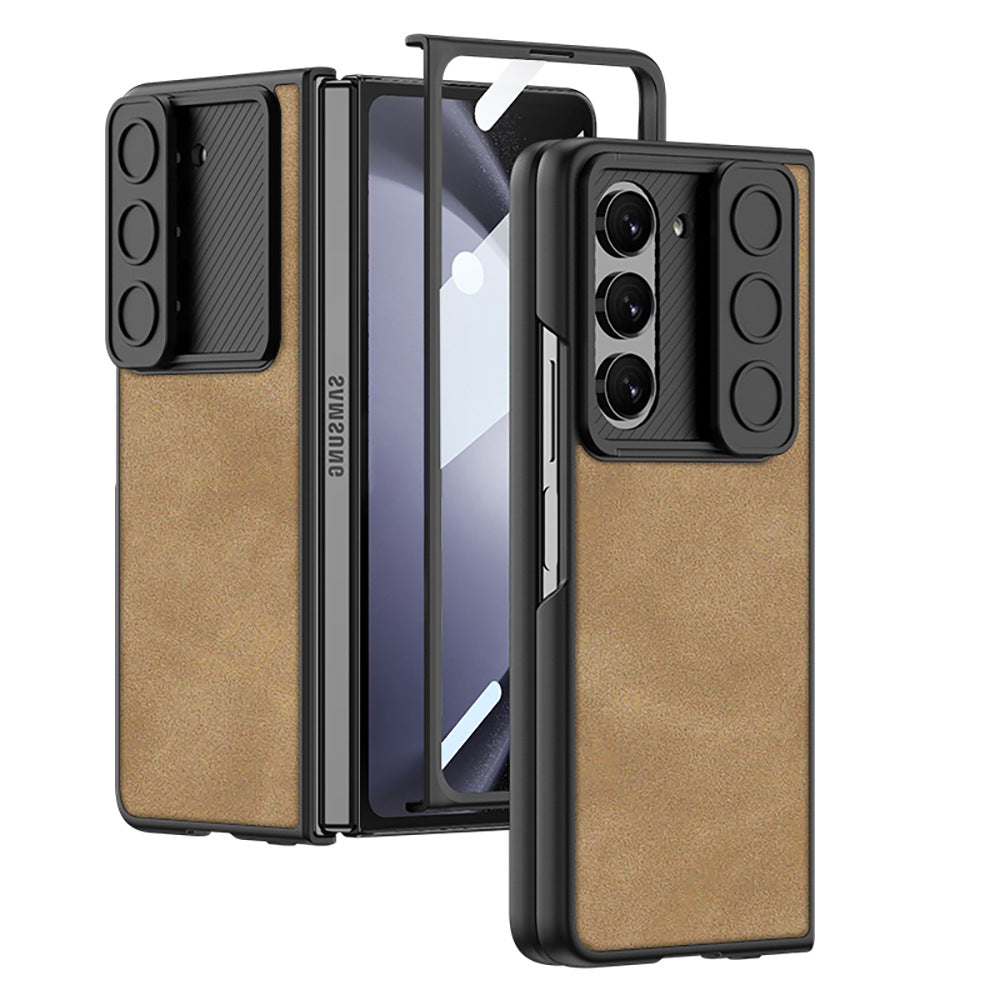 GKK Camera Slider Matte Phone Case For Samsung Galaxy Z Fold5 5G PU Leather Coated PC Phone Cover with Tempered Glass Film GKK Camera Slider Matte Phone Case For Samsung Galaxy Z Fold5 5G PU Leather Coated PC Phone Cover with Tempered Glass Film